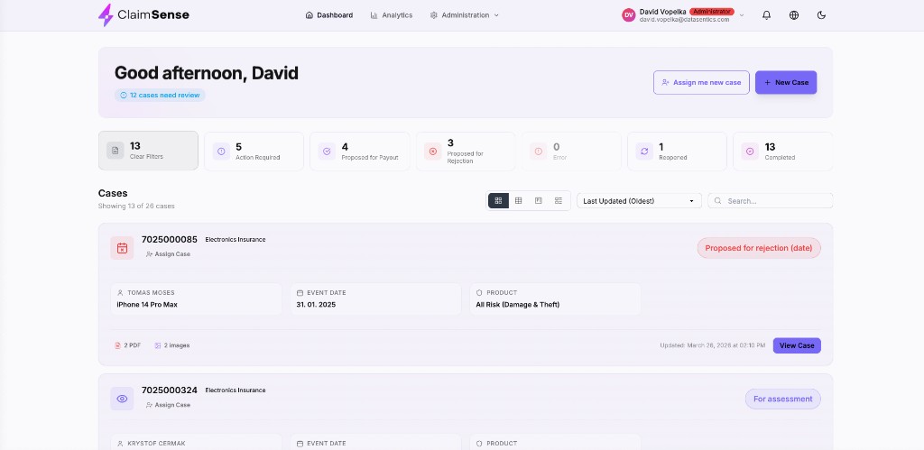 ClaimSense Dashboard — AI-powered claims processing interface